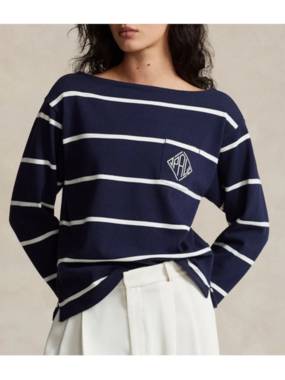 Ralph Lauren Navy and White Striped Boatneck Top